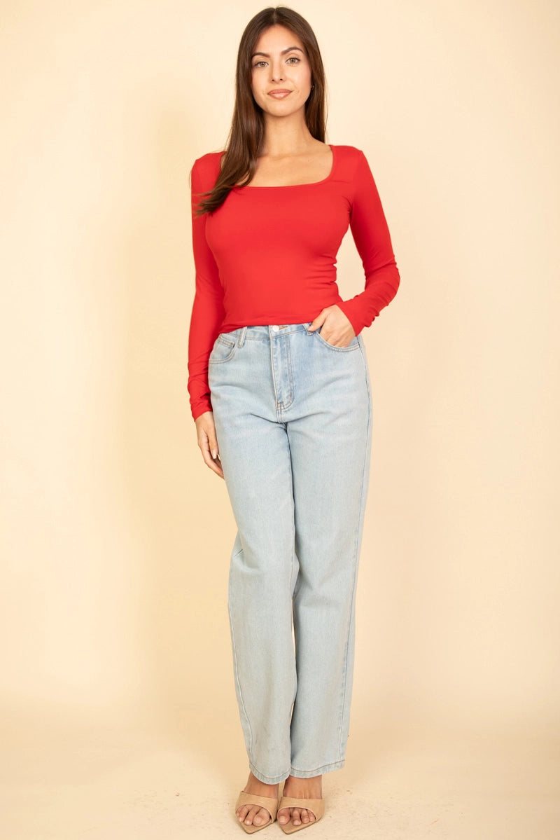 CARMEN SQUARE NECK LONG SLEEVE TOP | RED