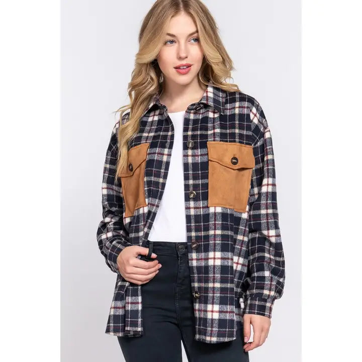 HUDSON SUEDE POCKET BRUSHED PLAID SHACKET