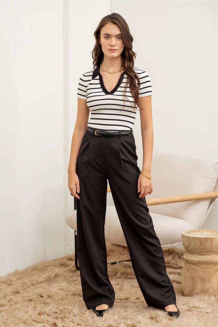 MARISOL STRIPED COLLARED SHORT SLEEVE KNIT TOP