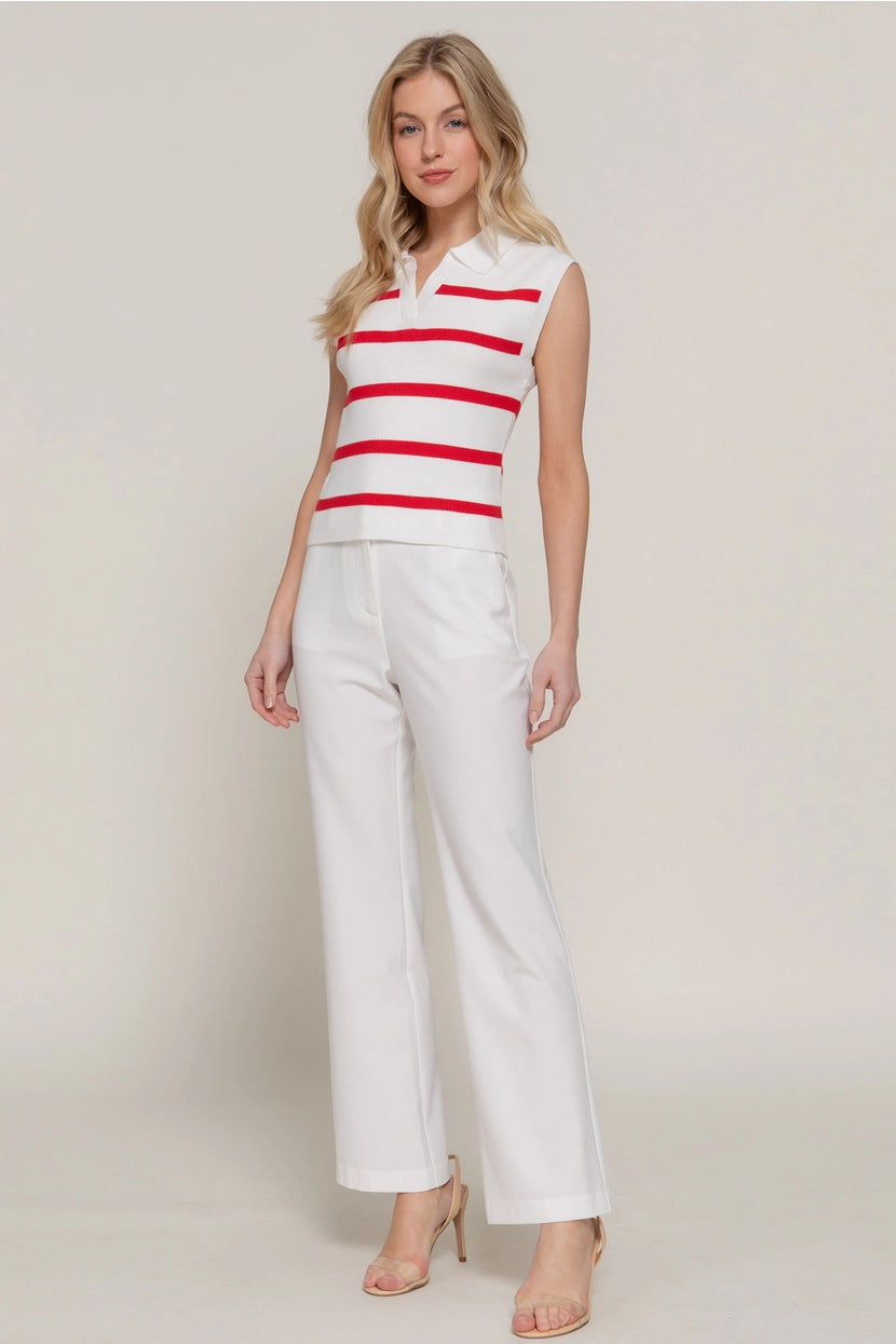 QUINN SLEEVELESS STRIPE POLO SUMMER SWEATER | WHITE/RED