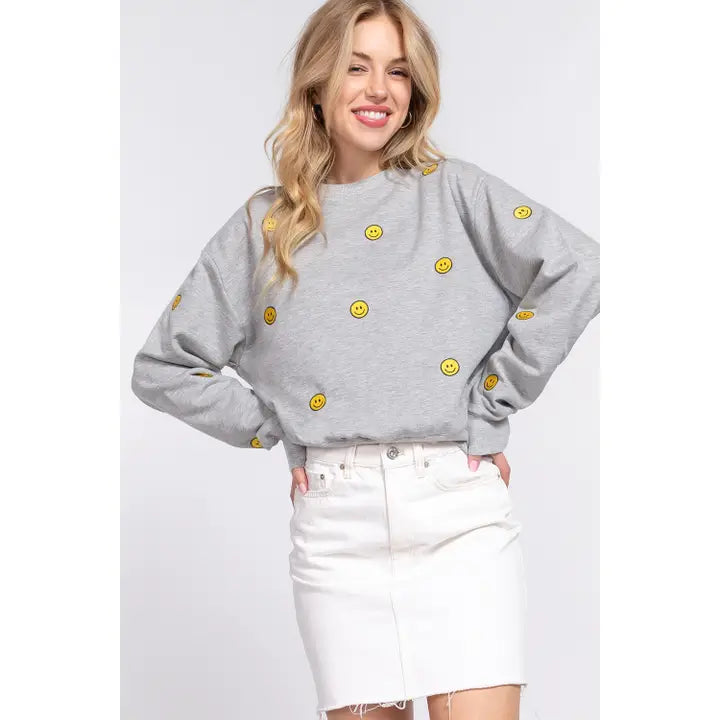 SMILEY FACE EMBROIDERED SWEATSHIRT
