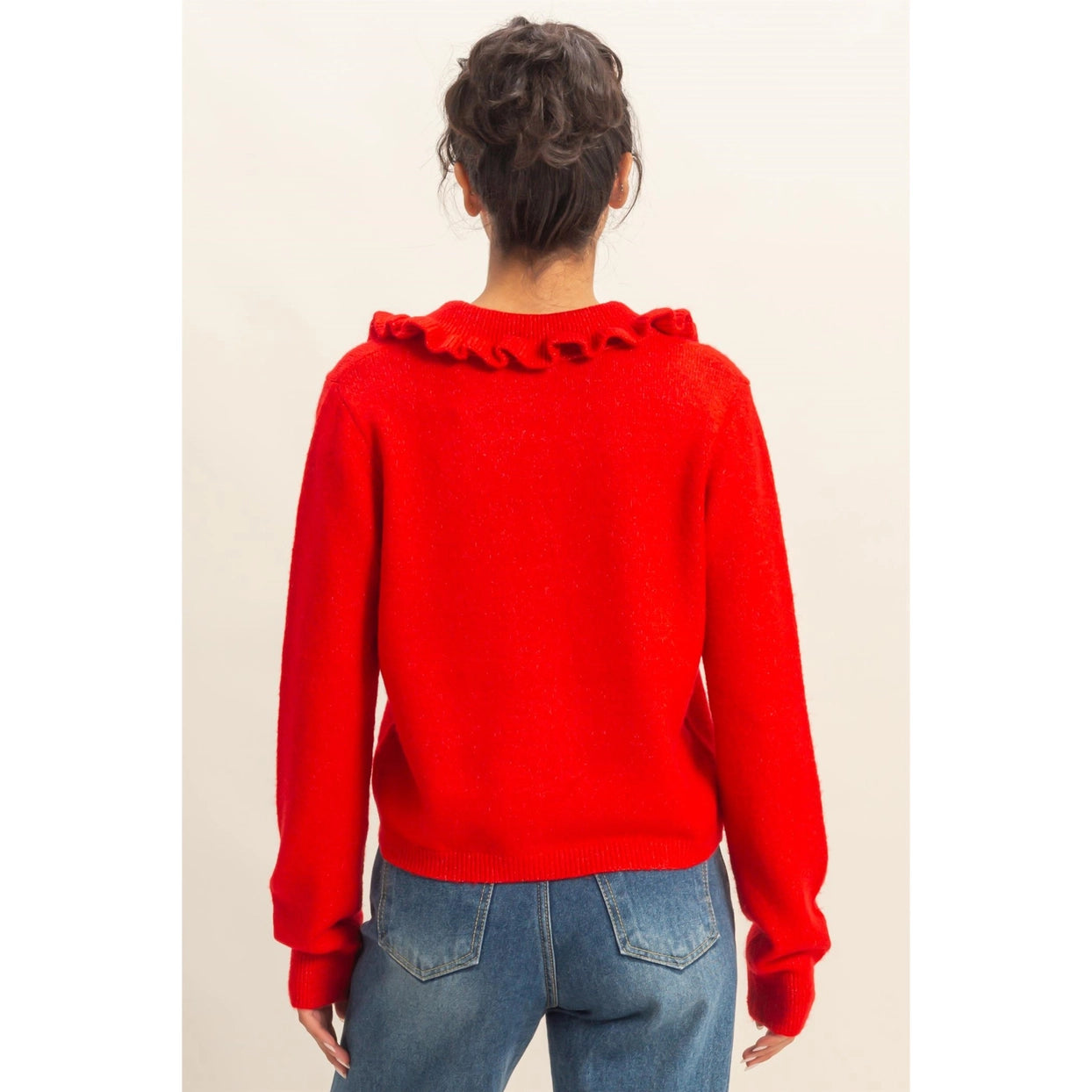 RAELLE RUFFLE COLLAR BUTTON FRONT CARDIGAN