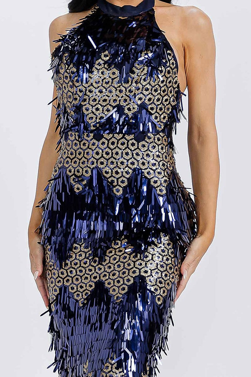 DOMINIQUE HALTER SEQUIN MIDI DRESS | NAVY/GOLD