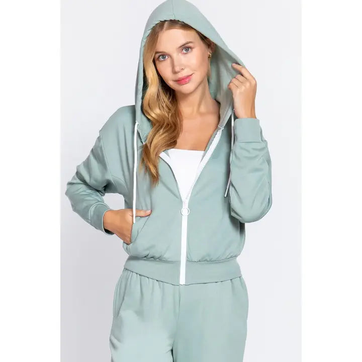 DINA INNER FLEECE ZIP UP HOODIE | SAGE