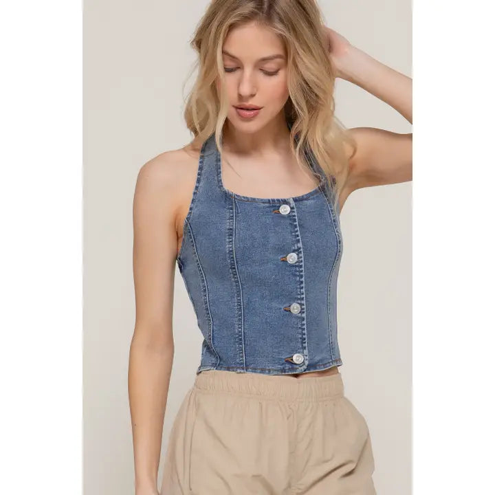 JYLIAN BUTTON DOWN STRETCH HALTER TOP