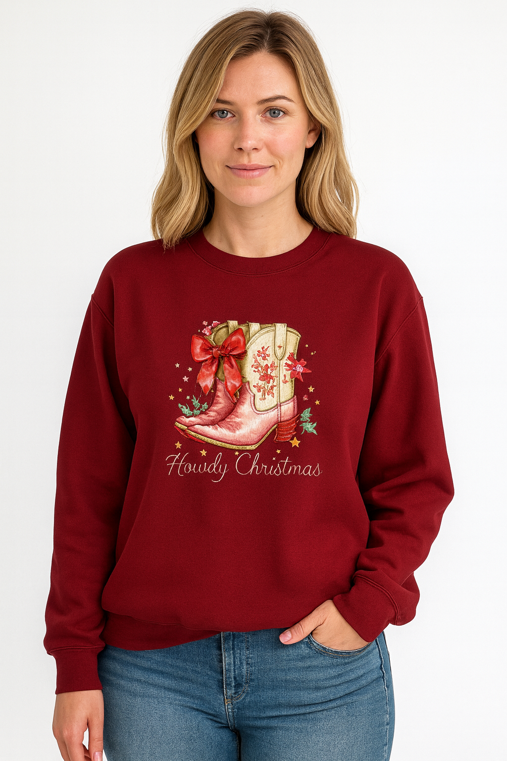 HOWDY CHRISTMAS COWBOY BOOT CREWNECK SWEATER BURGUNDY