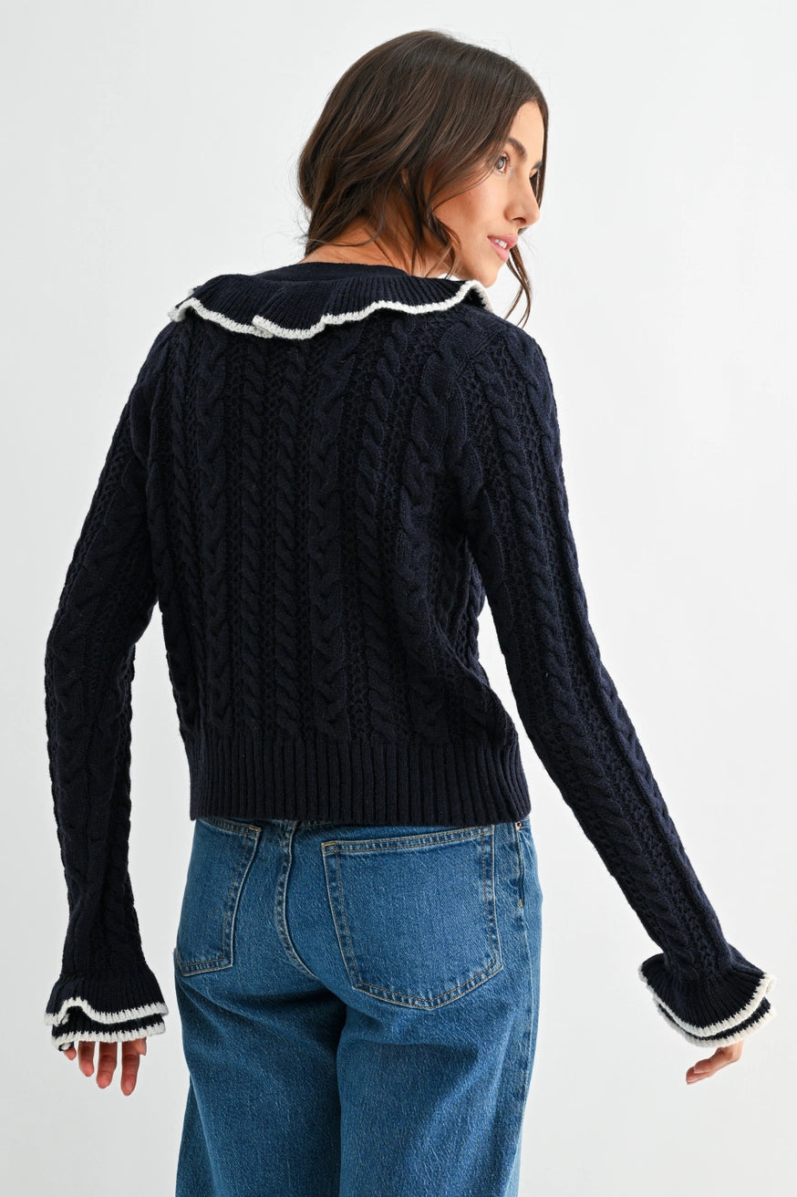 PETERSON RUFFLE WOOL BLEND CARDIGAN | NAVY