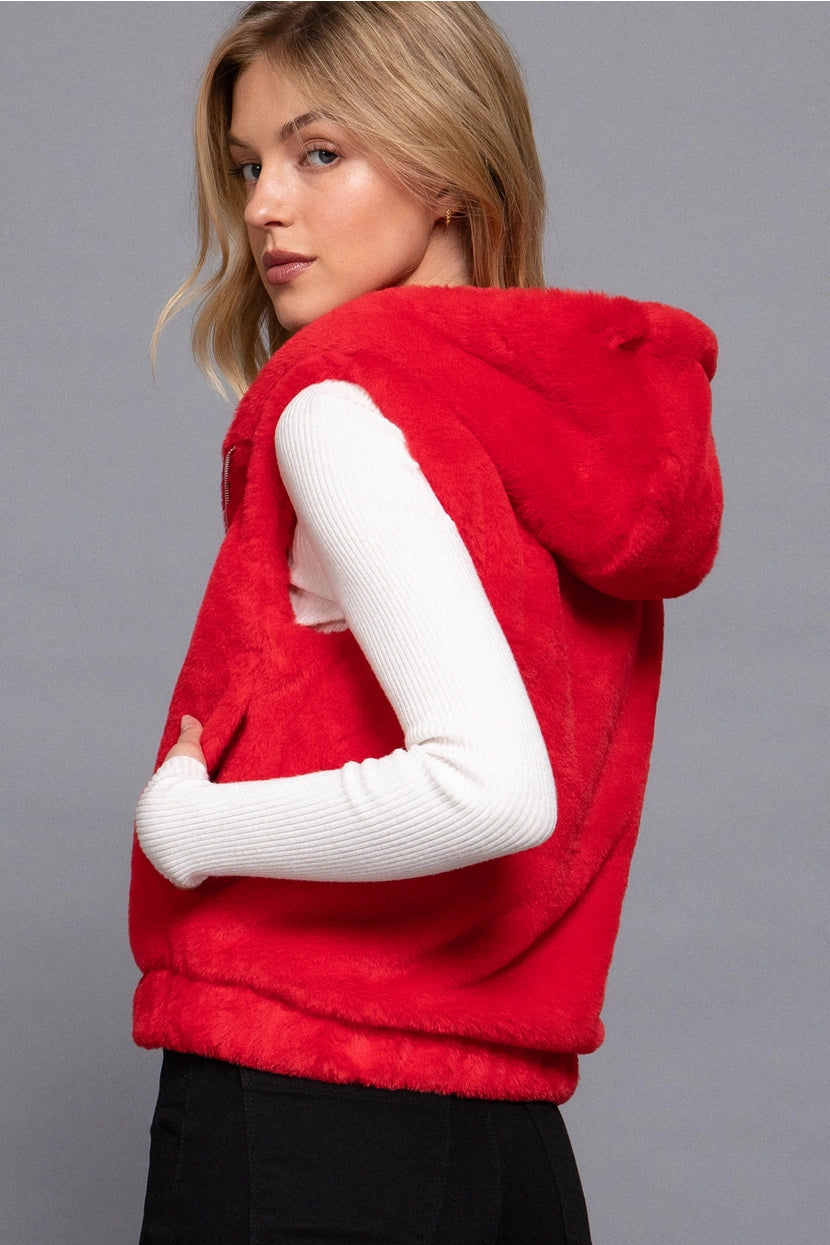 TANDA HOODED FAUX FUR VEST | RED