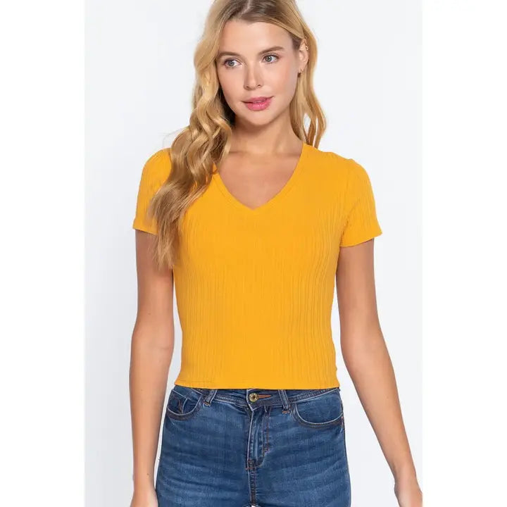 SHEA RIBBED V NECK TOP | MUSTARD