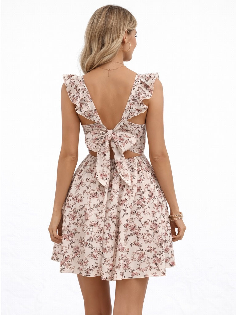 MERRILL FLORAL TIE BACK RUFFLE DETAIL DRESS