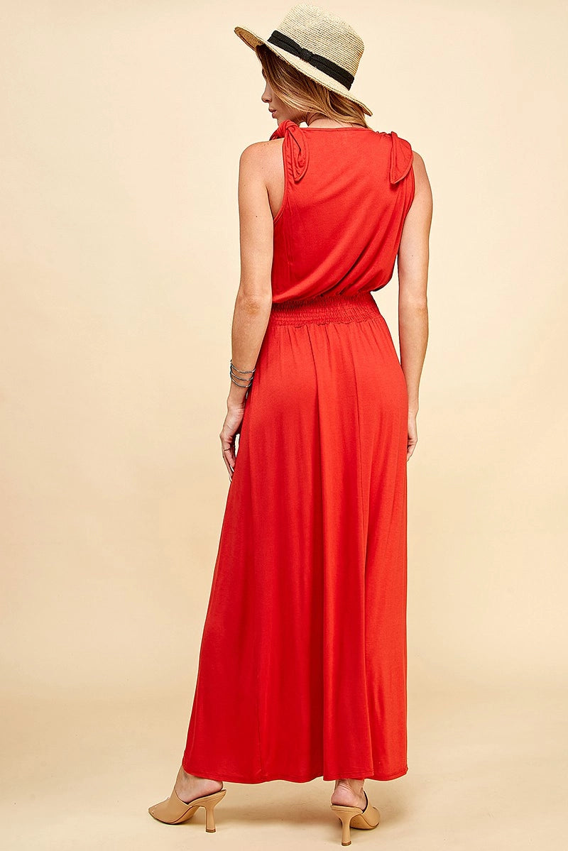 BECKY SHOULDER BOW MAXI DRESS | BRICK