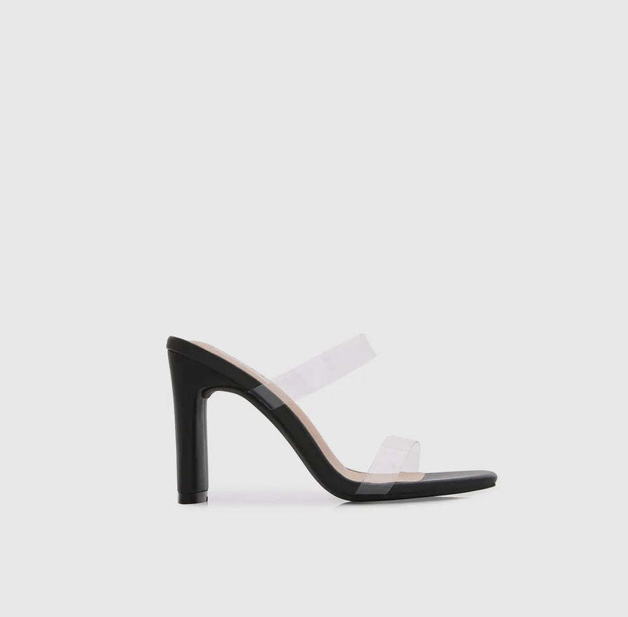 KAMARI CLEAR STRAP HEELS | BLACK