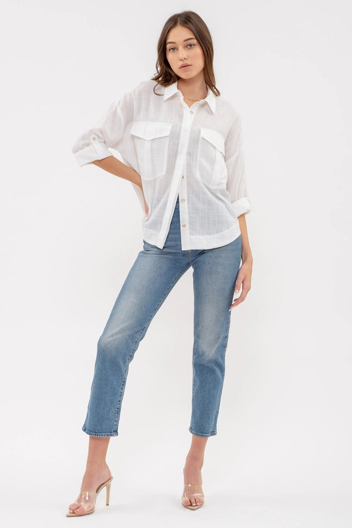 EVIE LIGHTWEIGHT COLLARED BUTTON DOWN SHIRT | WHITE