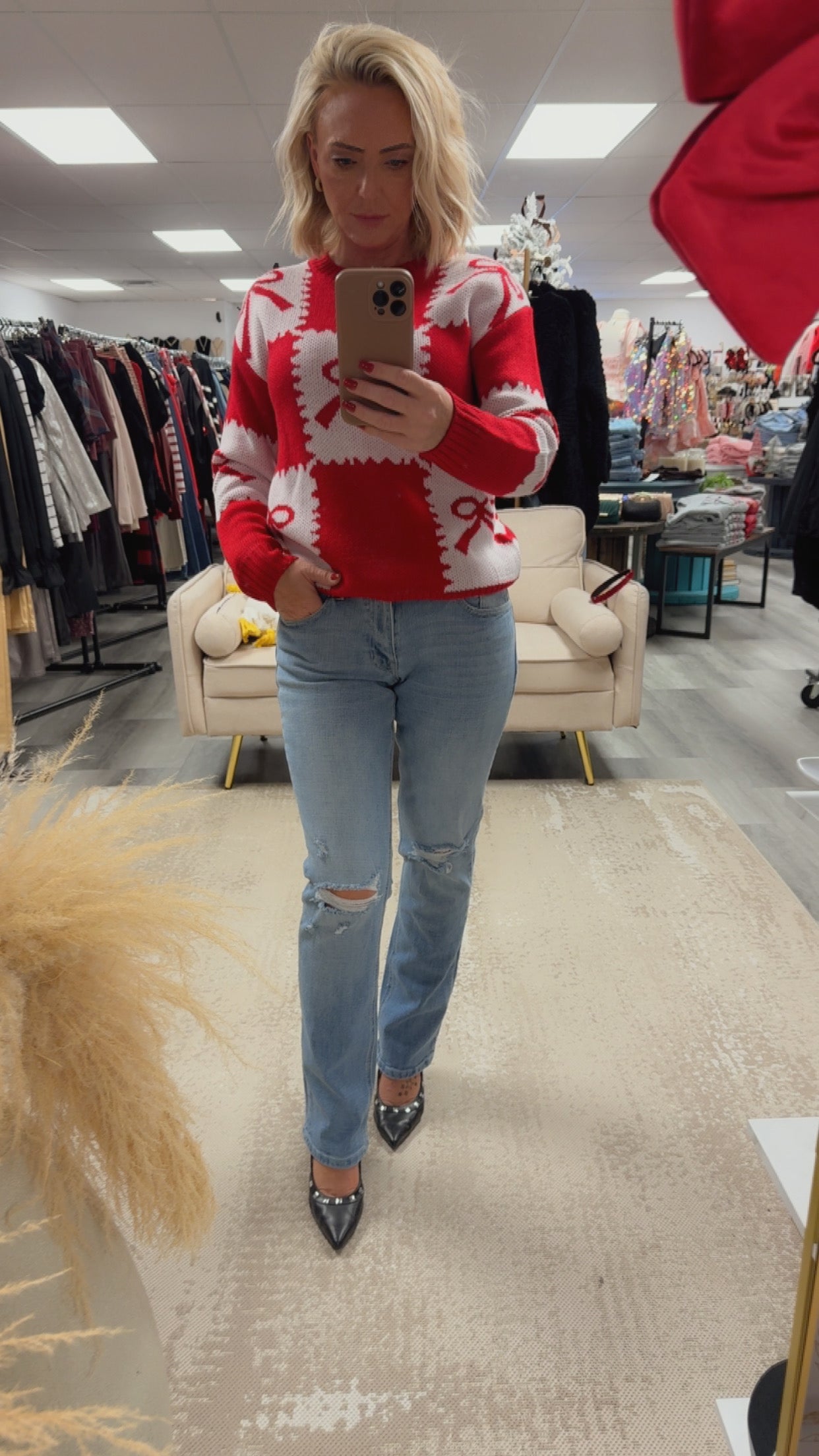 CELLA BOW SWEATER | RED/WHITE