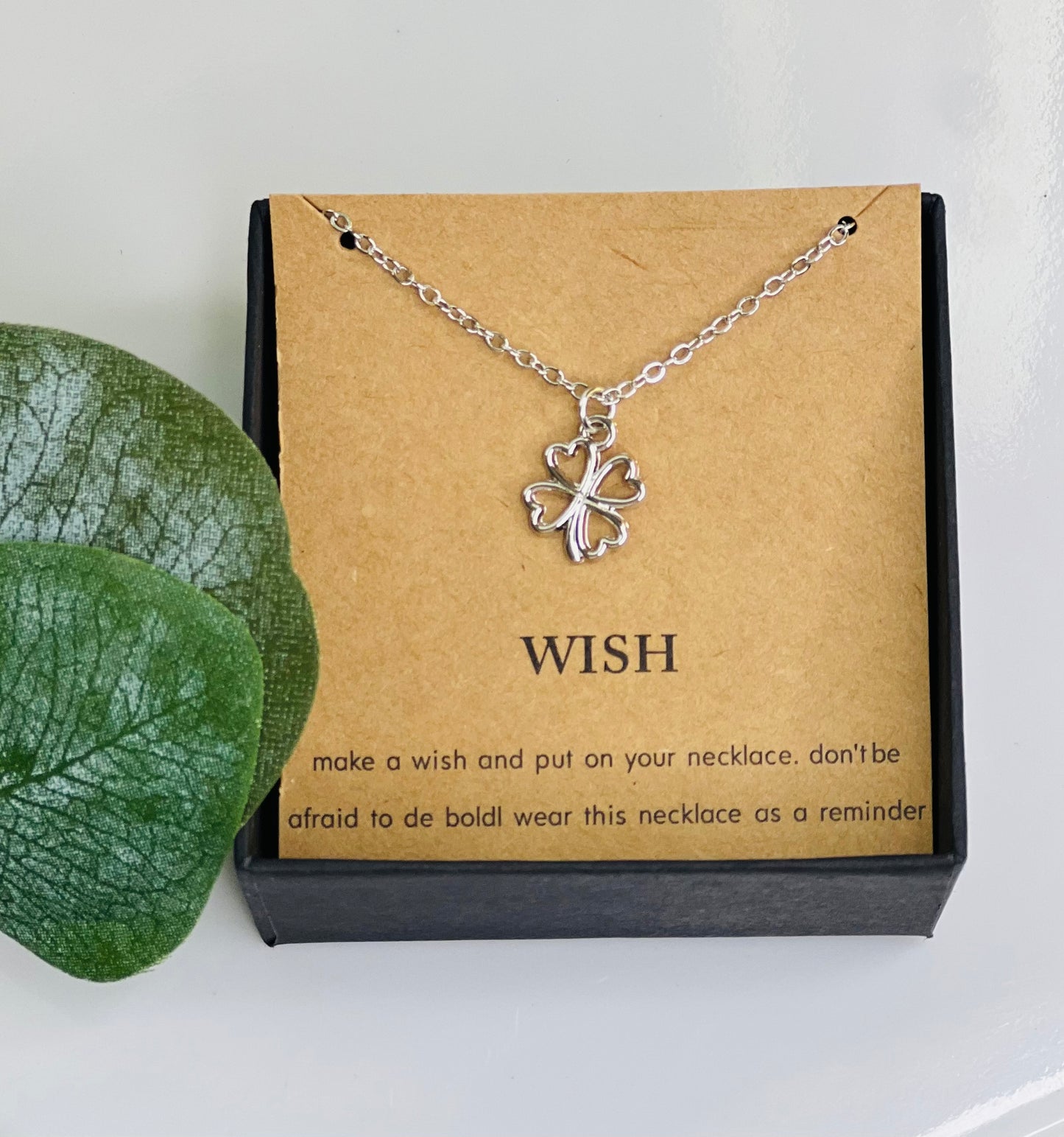 Wish Minimalist Necklace with Clover Pendant and card (Gold and Silver)