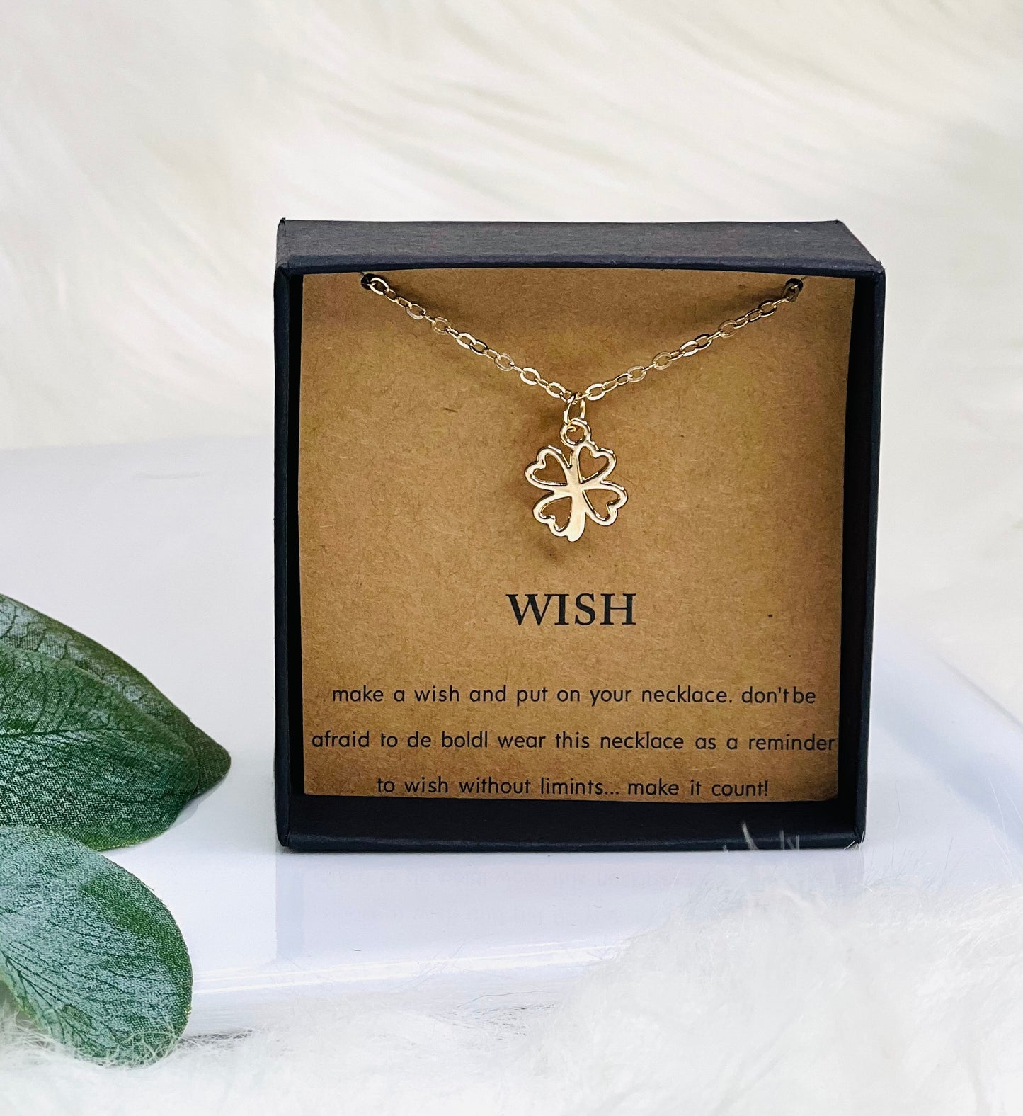Wish Minimalist Necklace with Clover Pendant and card (Gold and Silver)