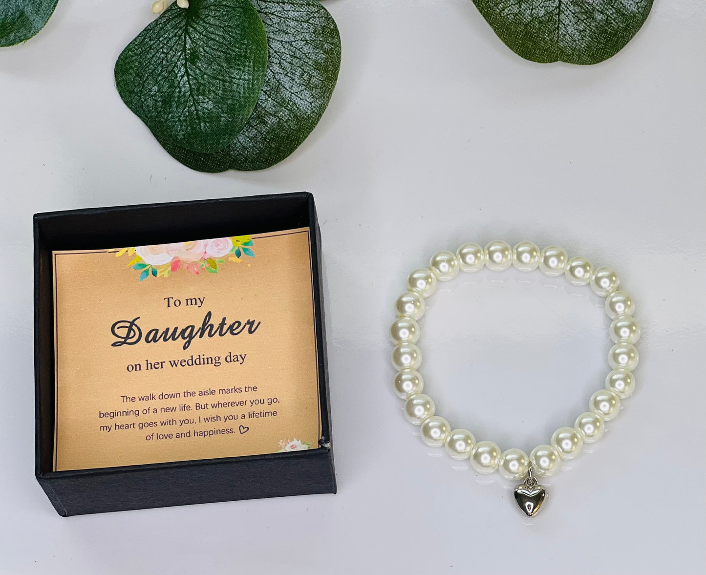 "To My Daughter" On Her Wedding Day Beaded Bracelet with Heart Pendant