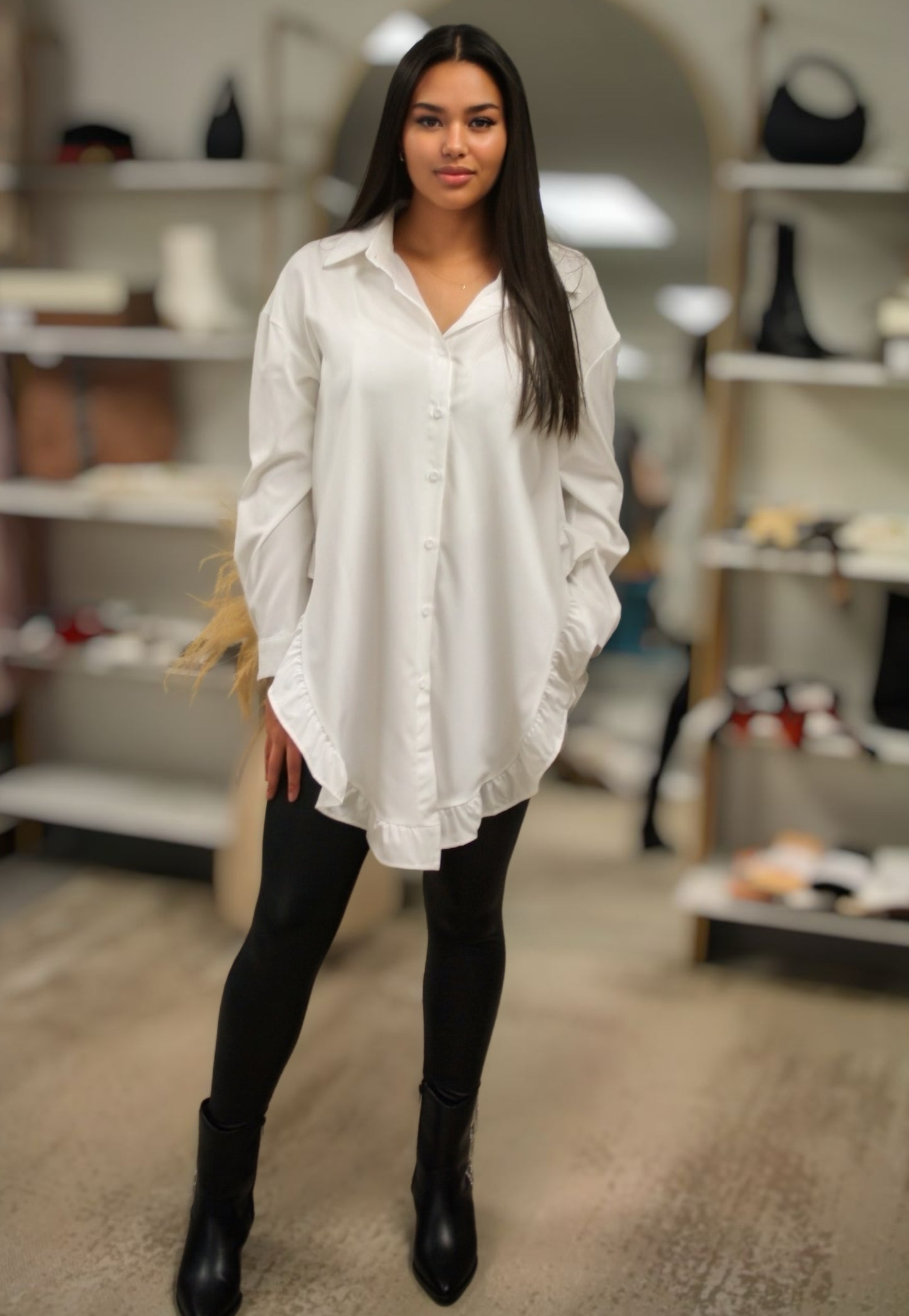 JASMINE RUFFLE HEM BUTTON FRONT SHIRT | WHITE