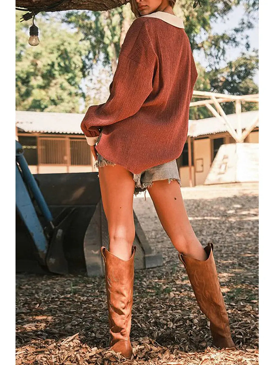 LOLA BUTTON DOWN TOP | BURGUNDY