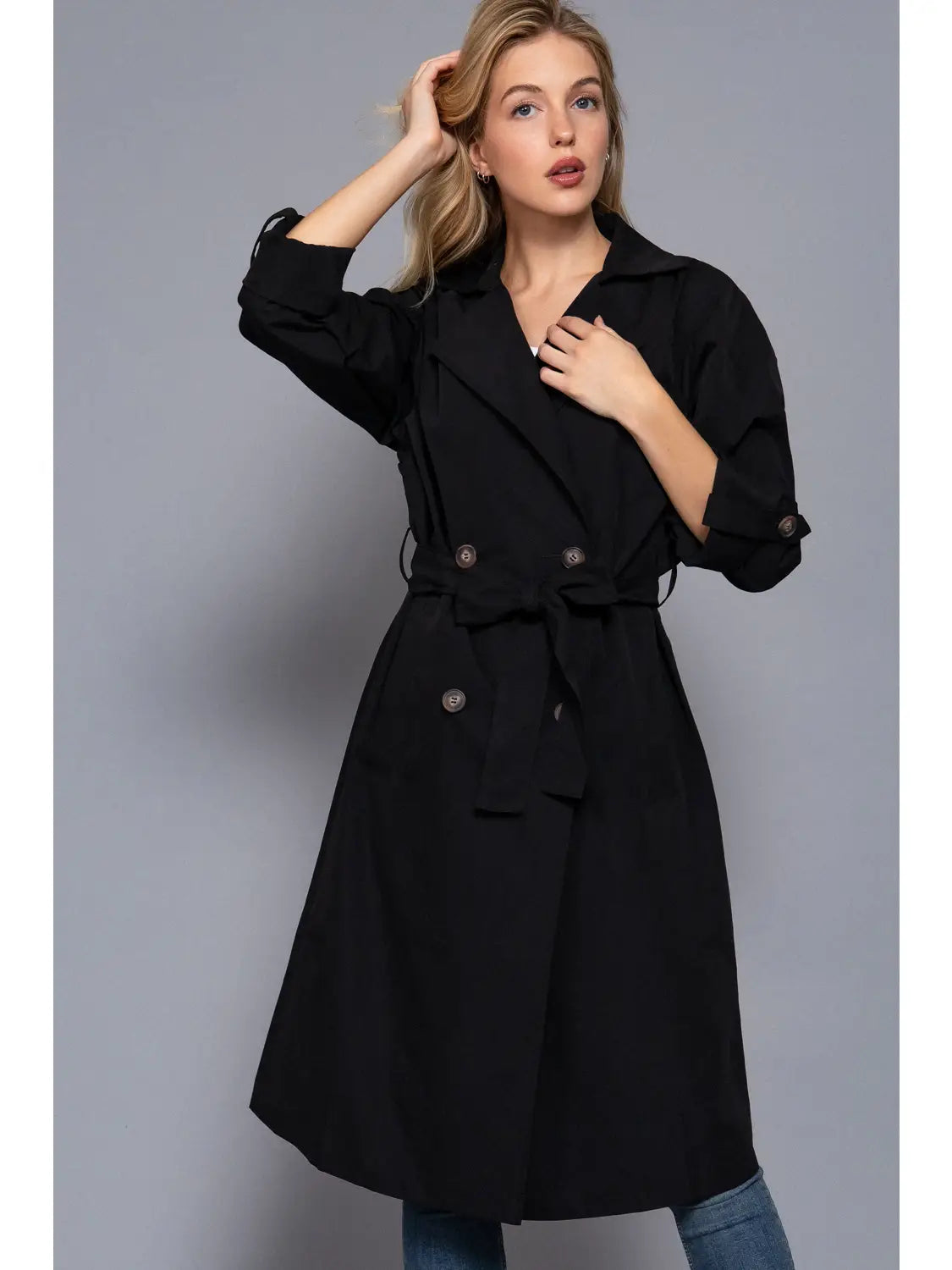 THE HARRIET LONG TRENCH COAT WITH BELT BLACK - Main Image