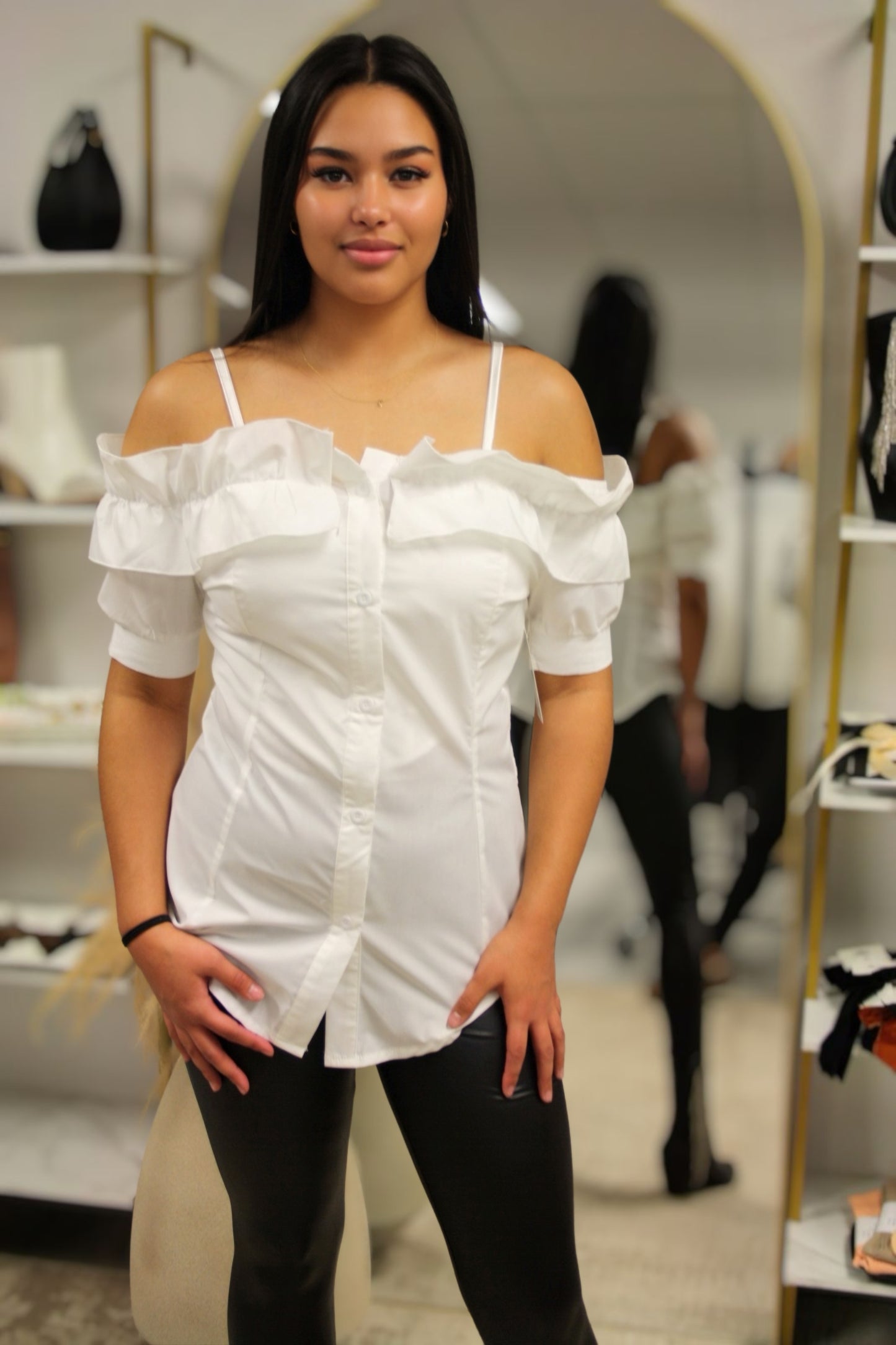 MELINDA OFF THE SHOULDER BUTTON FRONT SHIRT