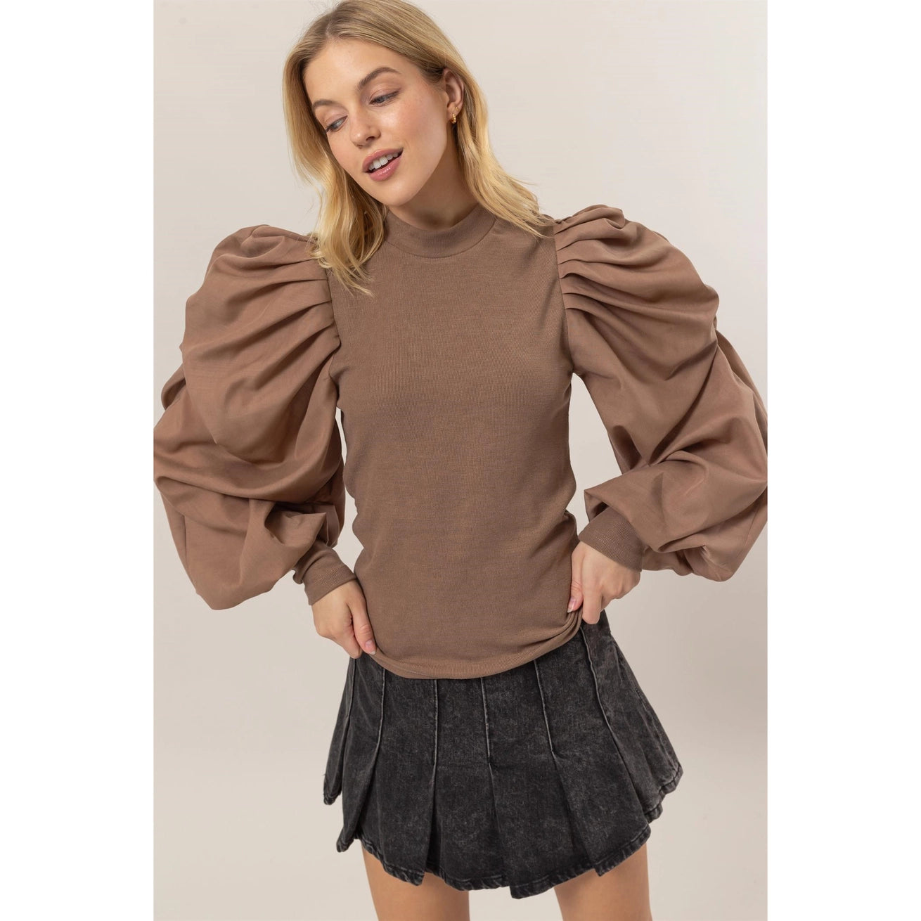 NADIA MOCK NECK PUFF SLEEVE MIXED MEDIA TOP