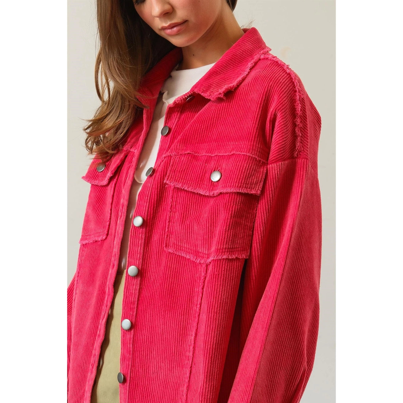 SOFIA WASHED CORDUROY FRAYED SHACKET | PINK