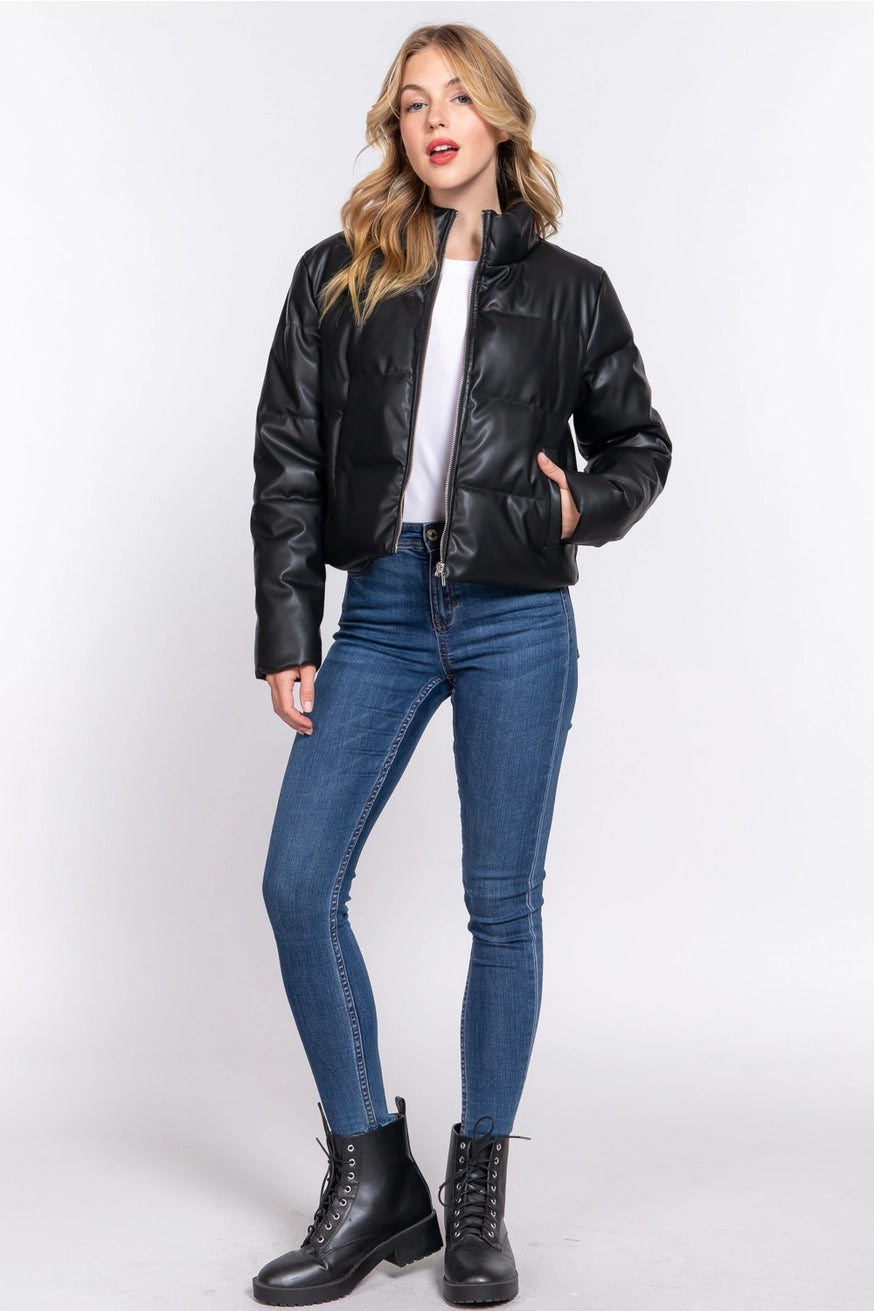 SUSANNAH VEGAN LEATHER QUILTED PUFFER JACKET | BLACK