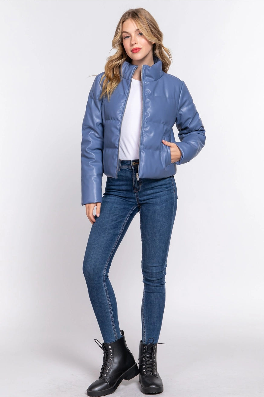 SUSANNAH VEGAN LEATHER QUILTED PUFFER JACKET | DUSTY BLUE