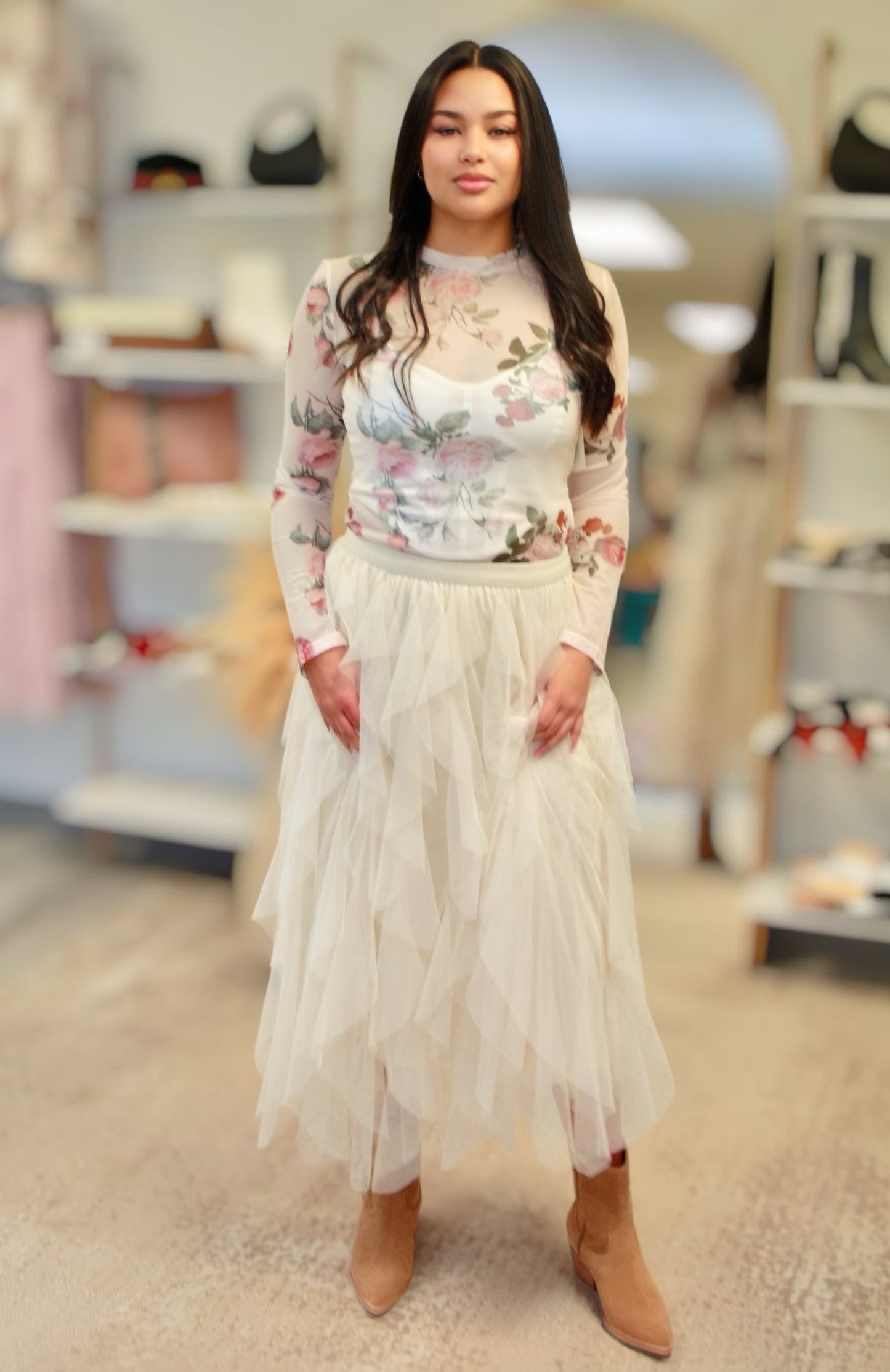 TAYLA FLORAL MESH LONG SLEEVE TOP