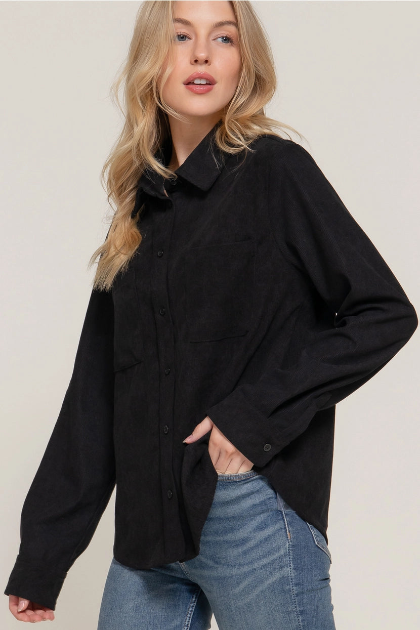KENDALL CORDUROY BUTTON DOWN SHIRT | BLACK