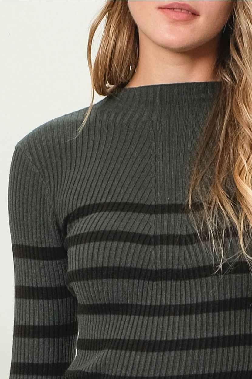 MAY-BELLE STRIPED MOCK NECK KNIT SWEATER