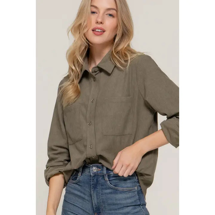 KENDALL CORDUROY BUTTON DOWN SHIRT | OLIVE
