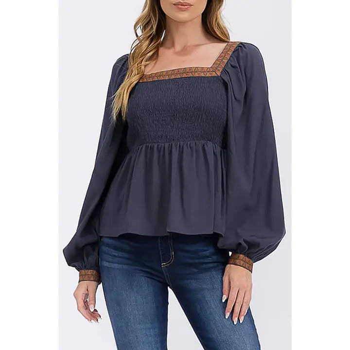 PIPER SQUARE NECK PEPLUM TOP | NAVY