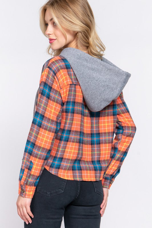 TANNIS HOODED BUTTON DOWN PLAID SHIRT | ORANGE