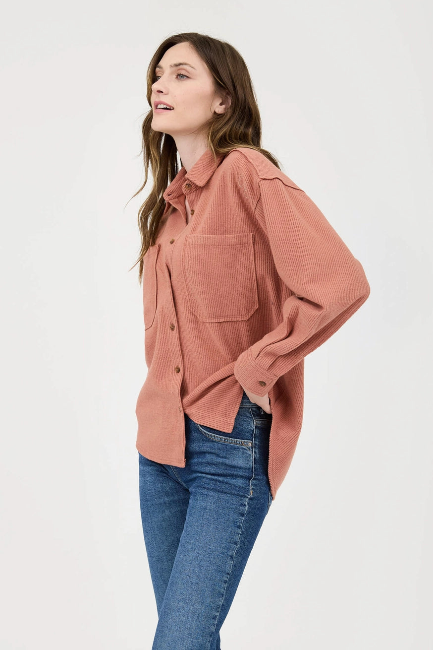 MAEVE RIBBED KNIT EXPOSED SEAM SHIRT