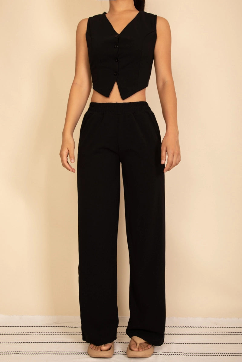 DESTINY BUTTON FRONT TIE BACK VEST AND WIDE LEG PANTS SET | BLACK