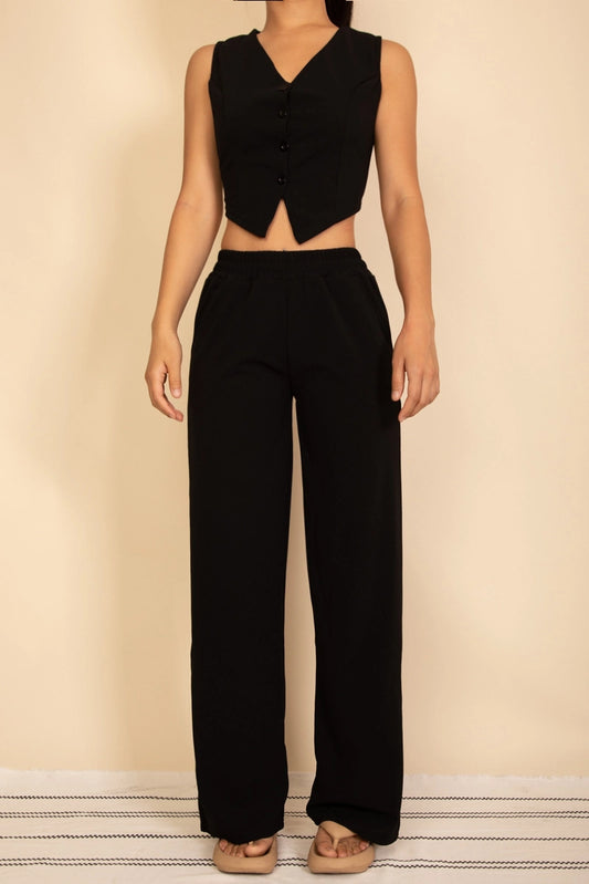 DESTINY BUTTON FRONT TIE BACK VEST AND WIDE LEG PANTS SET | BLACK