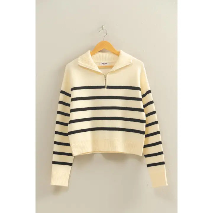 CHANEL STRIPED HALF ZIP SWEATER | CREAM/BLACK