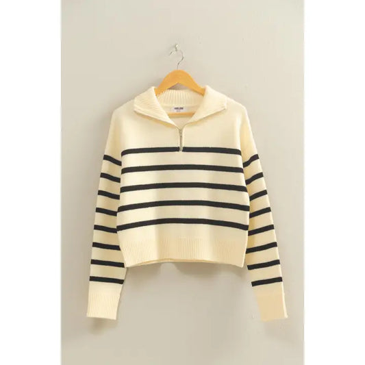 CHANEL STRIPED HALF ZIP SWEATER | CREAM/BLACK