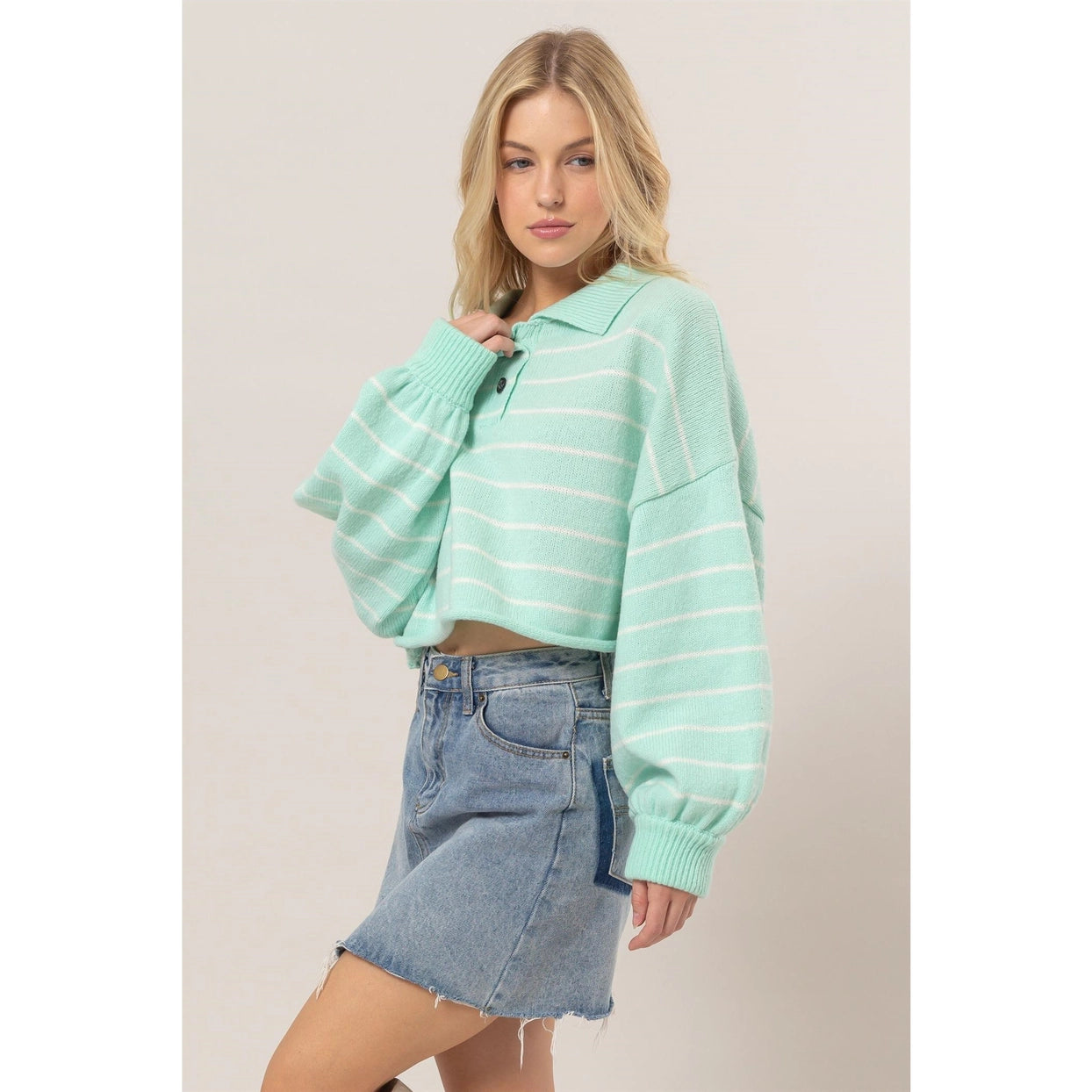 RAVEN STRIPED HALF PLACKET SWEATER