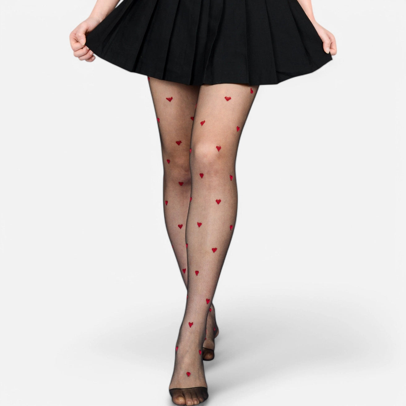 ALL OVER HEART PRINT SEMI SHEER TIGHTS | BLK/RED
