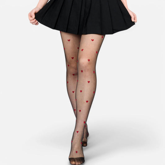 ALL OVER HEART PRINT SEMI SHEER TIGHTS | BLK/RED