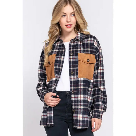 HUDSON SUEDE POCKET BRUSHED PLAID SHACKET