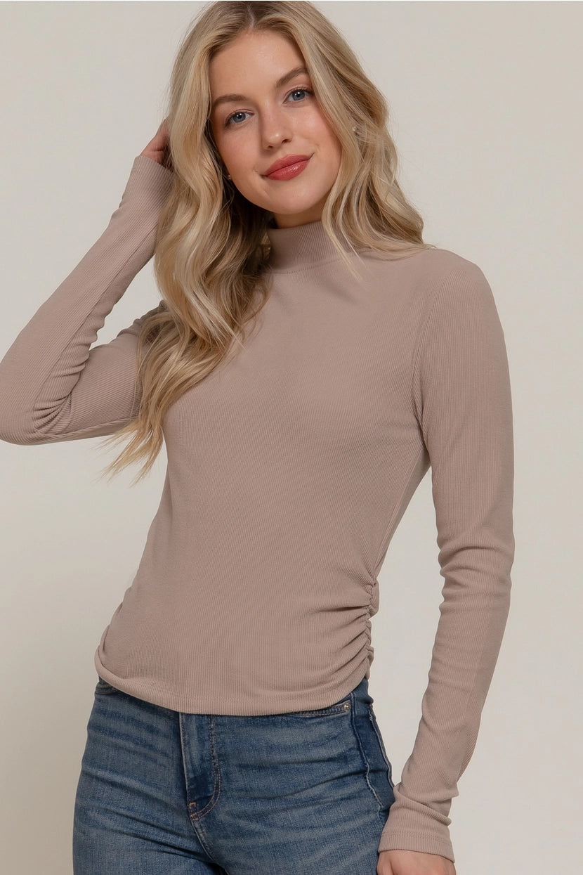 LEISHA RUCHED DETAIL BRUSHED RIBBED TOP | TAUPE
