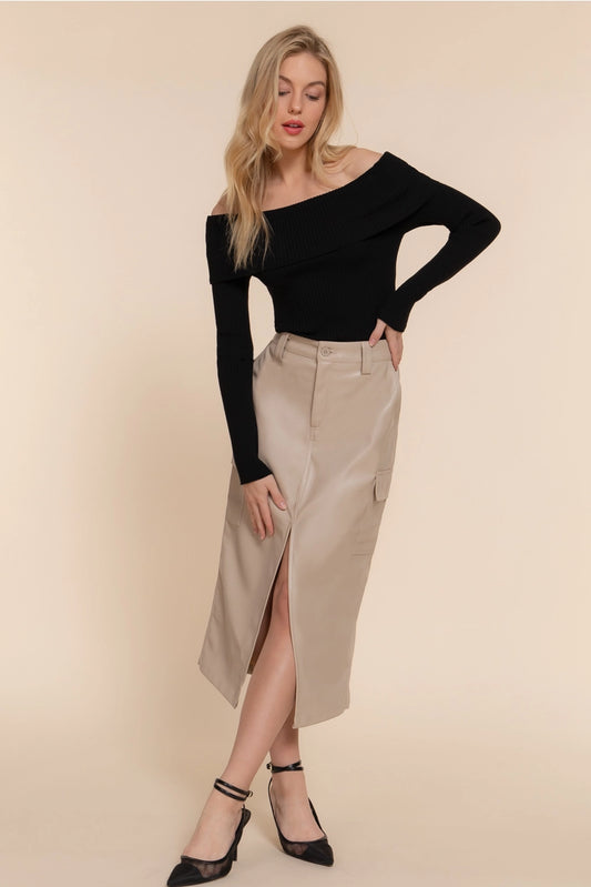 CENE FAUX LEATHER MIDI CARGO SKIRT | TAUPE