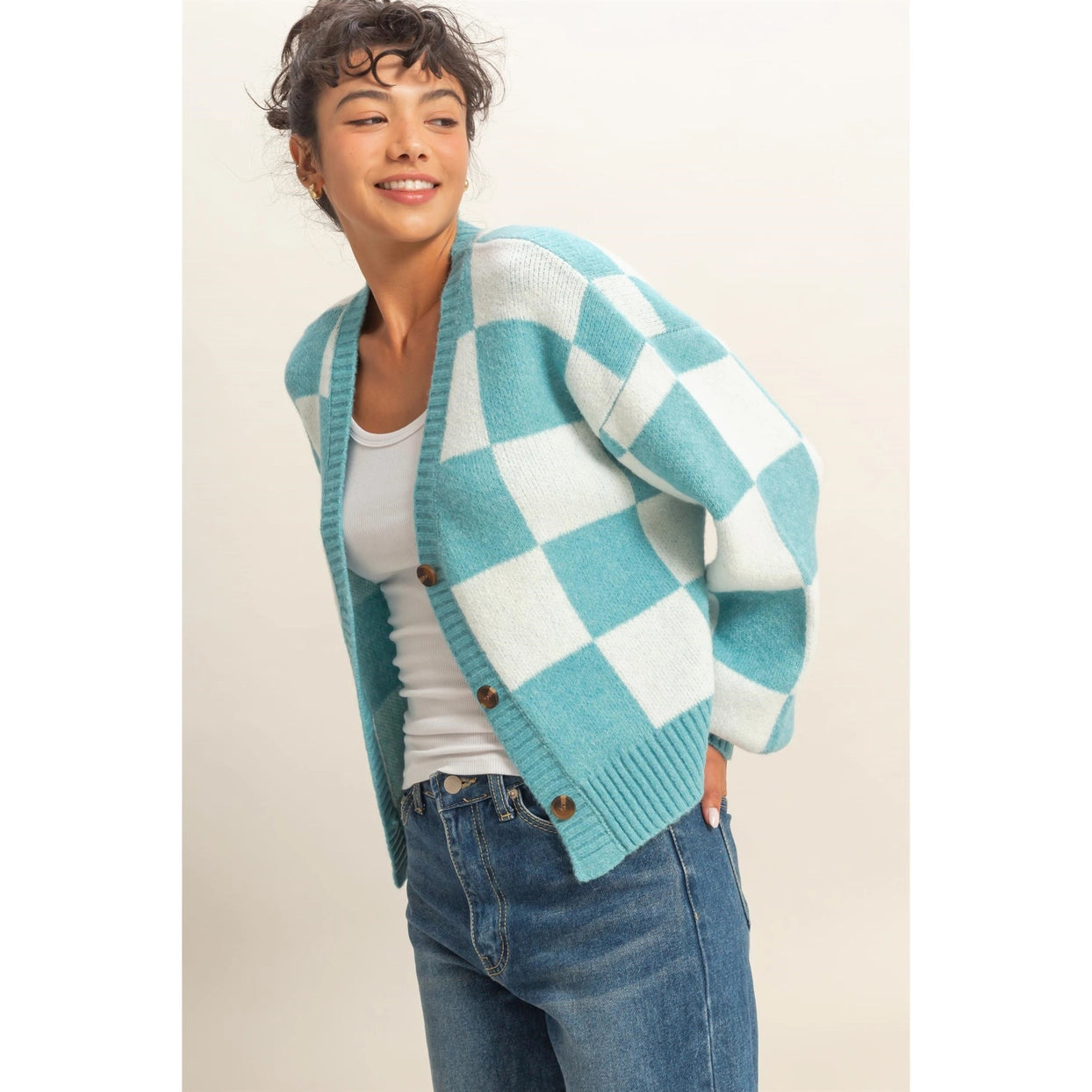 BRECKYN CHECKERED BUTTON FRONT CARDIGAN