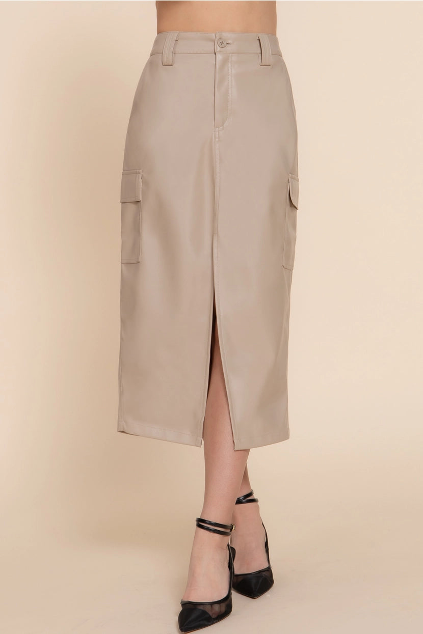CENE FAUX LEATHER MIDI CARGO SKIRT | TAUPE