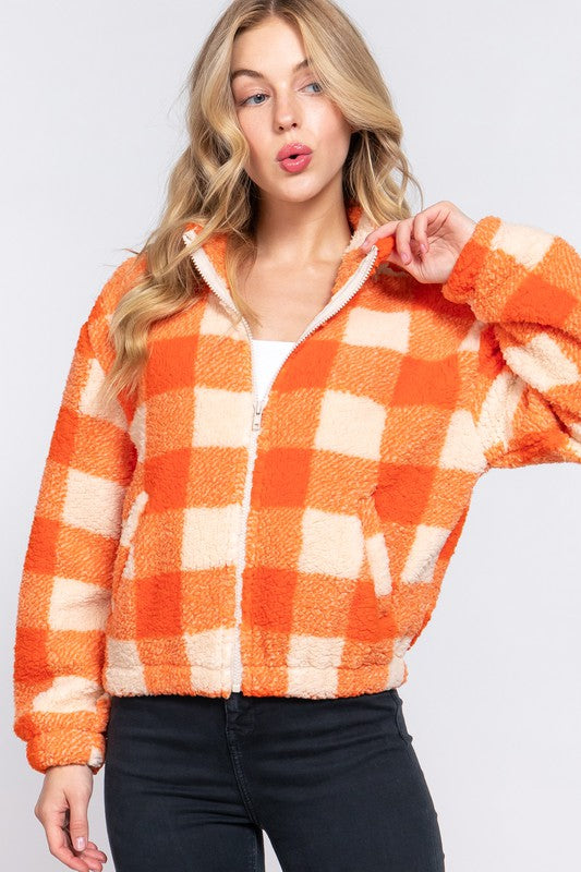 RIELLY ARGYLE PRINT SHERPA JACKET | ORANGE