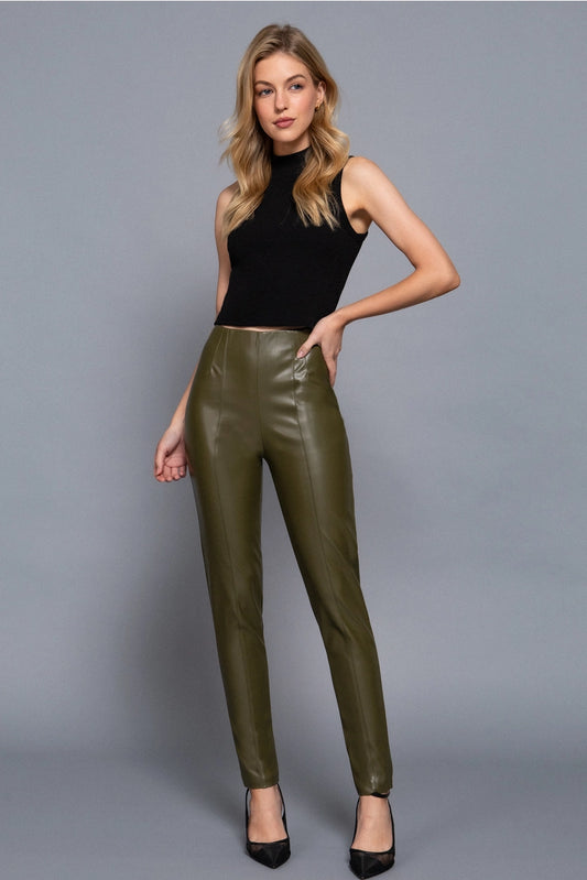FINNEGAN SIDE ZIPPER FAUX LEATHER PANTS | OLIVE